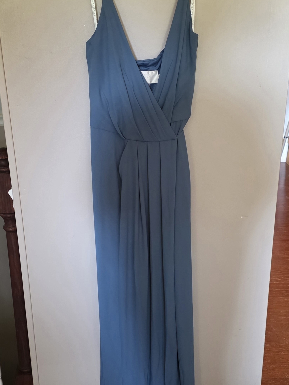 David's Bridal Slate Blue V-Neck Wrap Maxi Dress